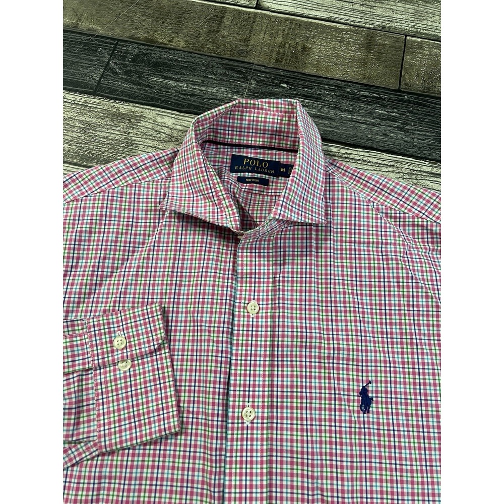 Polo Ralph Lauren Mens M  Blue Pink‎ Check Non Iron Long Sleeve Button Up